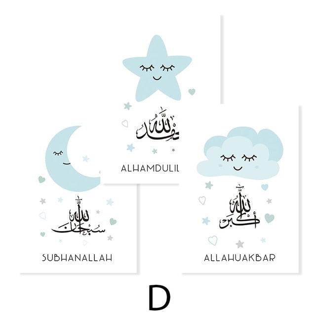 Cartoon Blue Bismillah Moon Kids Muslim Canvas - Islamic Gallery