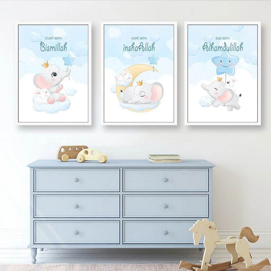 Cartoon Pink Elephant Bismillah Kids Islamic Canvas - Islamic Gallery