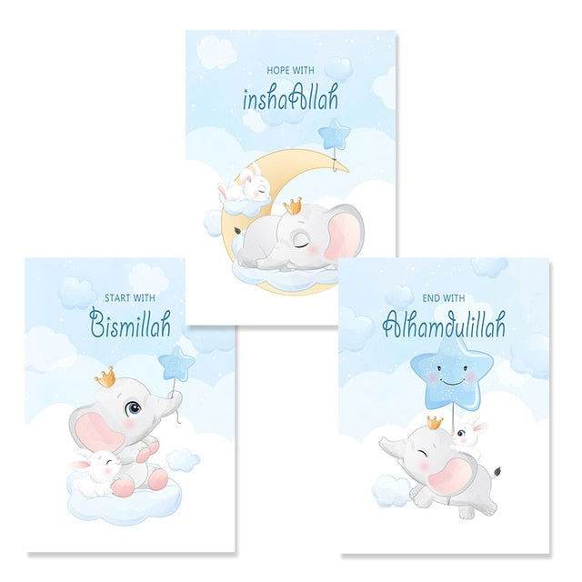 Cartoon Pink Elephant Bismillah Kids Islamic Canvas - Islamic Gallery