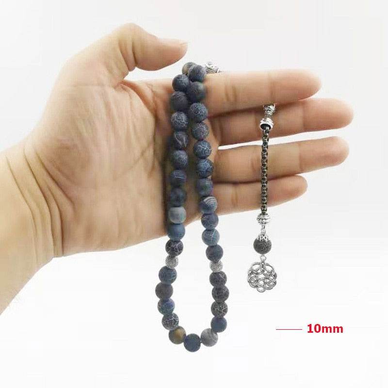 Natural Agates Stone Blue Metal Prayer Beads - Islamic Gallery