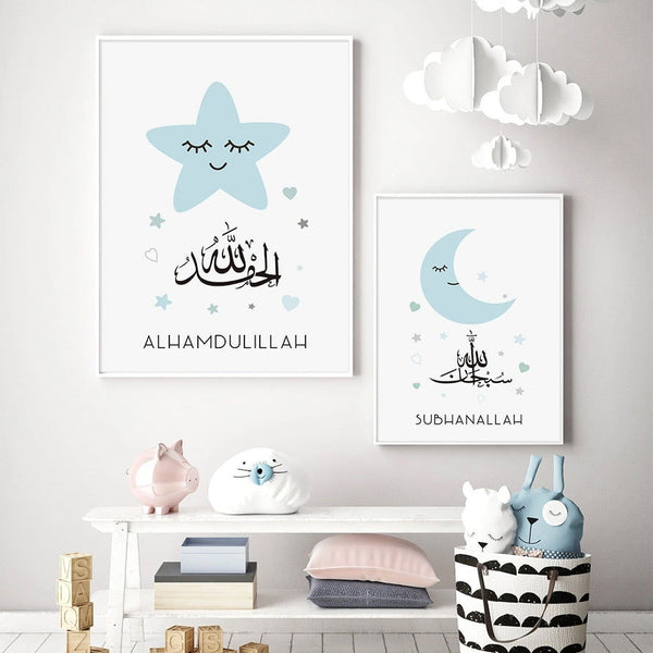Cartoon Blue Bismillah Moon Kids Muslim Canvas - Islamic Gallery