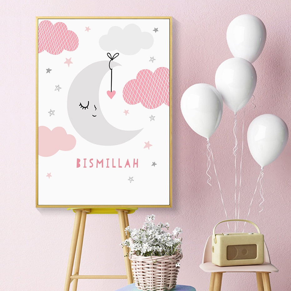 Bismillah Pink Cloud Star Moon Kids Nursery Canvas